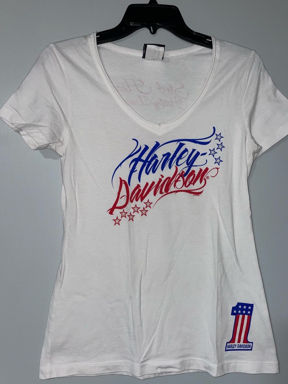 🇺🇸Bravado Harley-Davidson Women's White V-Neck Tee - Red & Blue Script
